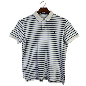 Polo Ralph Lauren Preppy White Blue Stripe Polo Shirt Short Sleeve Casual Top XL